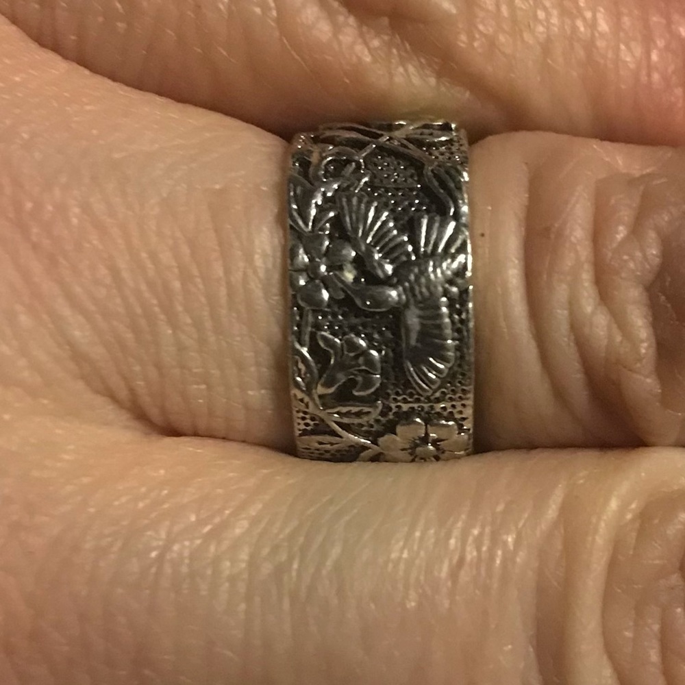 Sterling Silver ring w/blooms & birds